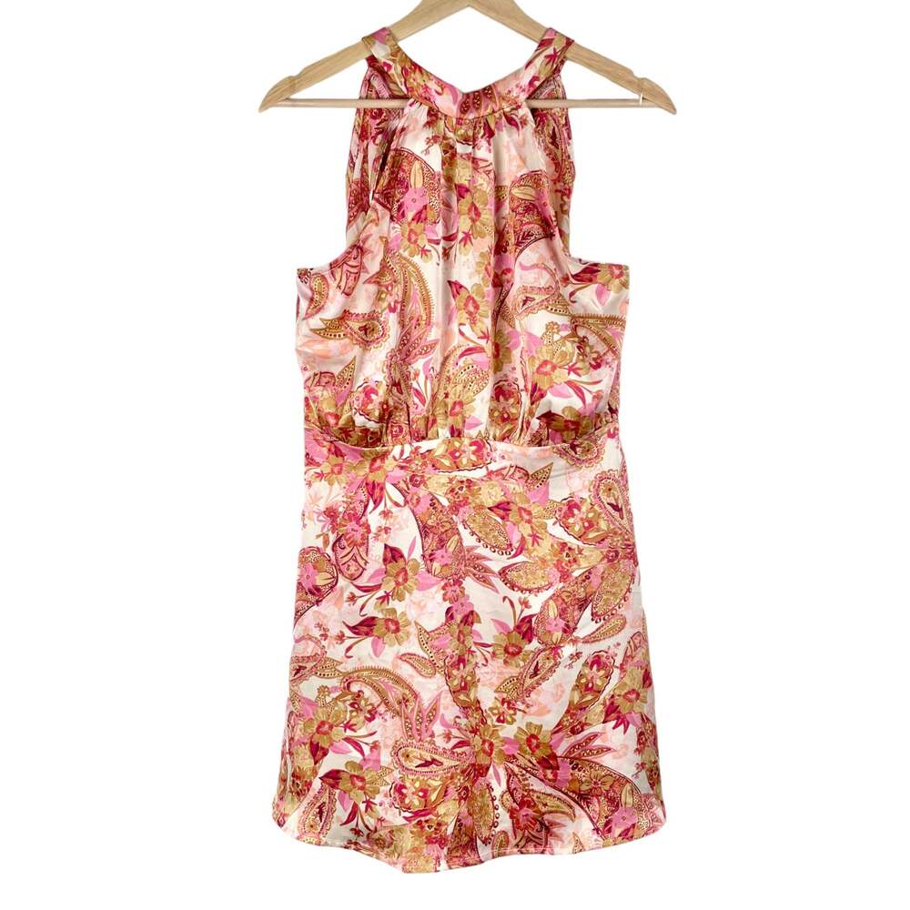 Lush Floral Paisley Satin Halter Neck Mini Dress Size L Pink Ivory Hippie Party